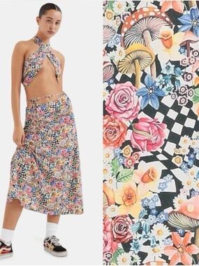 For Love And Lemons Multicolor Floral Mosaic Midi Skirt